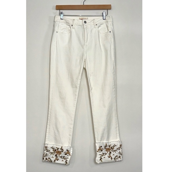 DRIFTWOOD Colette Mid-Rise Embroidered Cuff Slim Straight Jeans in White - Picture 1 of 9